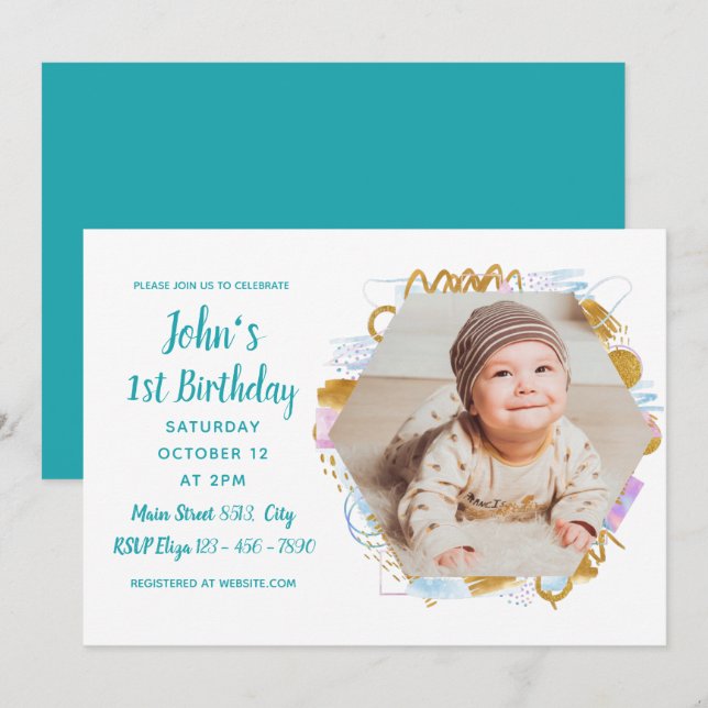 Simple Photo Baby First Birthday Colorful Invitation (Front/Back)