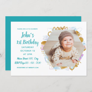 Simple Photo Baby First Birthday Colorful Invitation