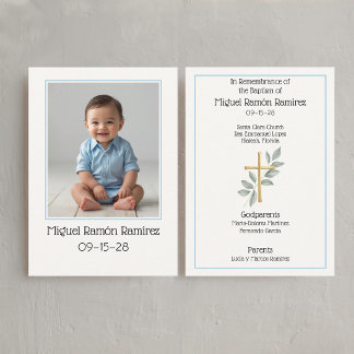 Simple Photo baptism baby boy remembrance card