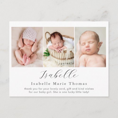 Simple photo birth announcement script writing postcard
