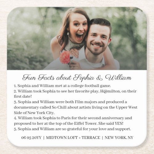 Simple Photo Black Calligraphy Fun Facts Wedding   Square Paper Coaster