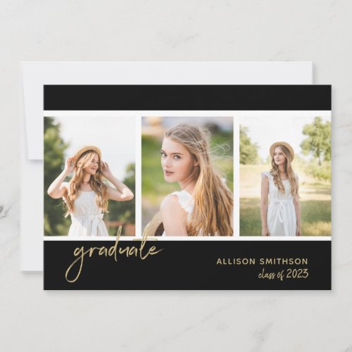 Simple Photo Black Gold Graduation Party Invitation