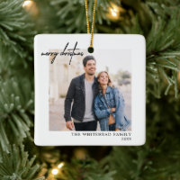 Simple Photo Black Merry Christmas White Ceramic Ornament