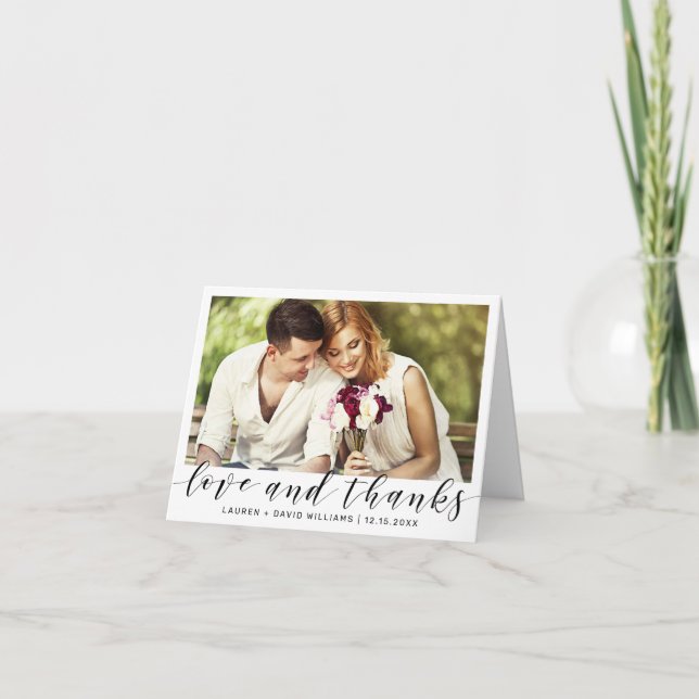 Simple Photo Black Script White Wedding Thank You Card (Front)