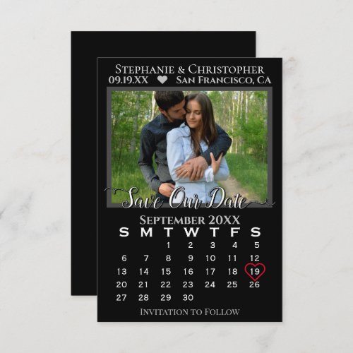Simple Photo Calendar Black Wedding Save Our Date Card