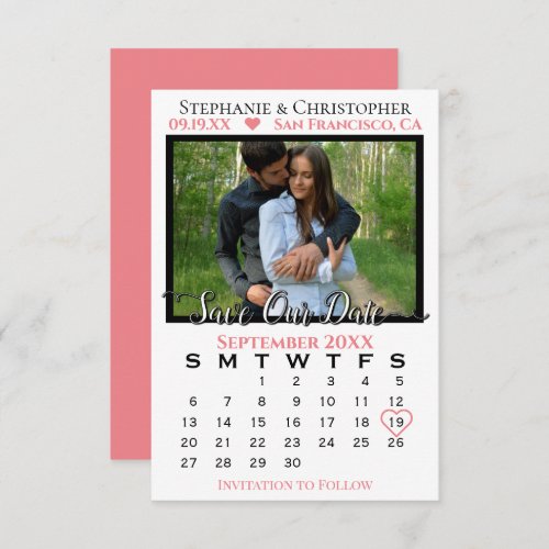 Simple Photo Calendar Coral Wedding Save Our Date Card