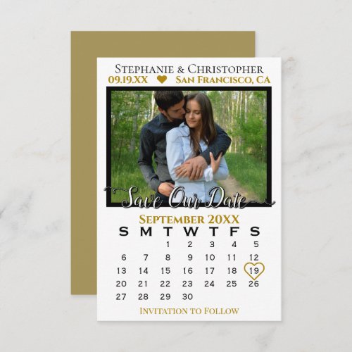 Simple Photo Calendar Gold Wedding Save Our Date Card