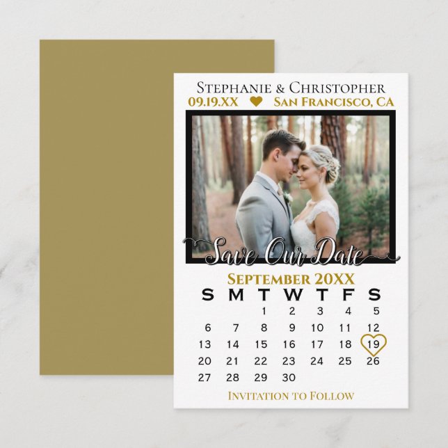 Simple Photo Calendar Gold Wedding Save Our Date Card (Front/Back)