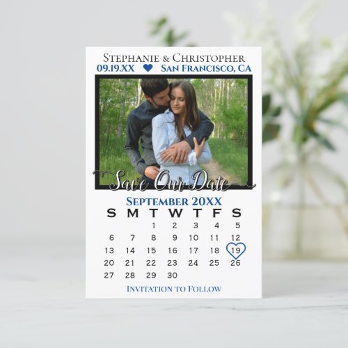 Simple Photo Calendar Navy Wedding Save Our Date Card