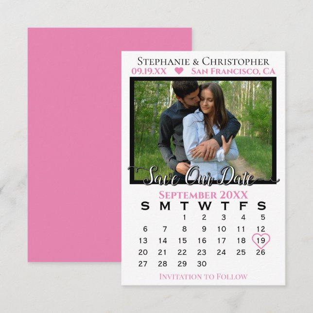 Simple Photo Calendar Pink Wedding Save Our Date Card (Front/Back)