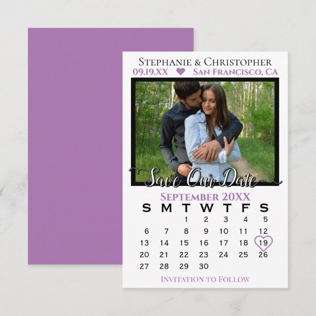 Simple Photo Calendar Purple Wedding Save Our Date Card (Front/Back)