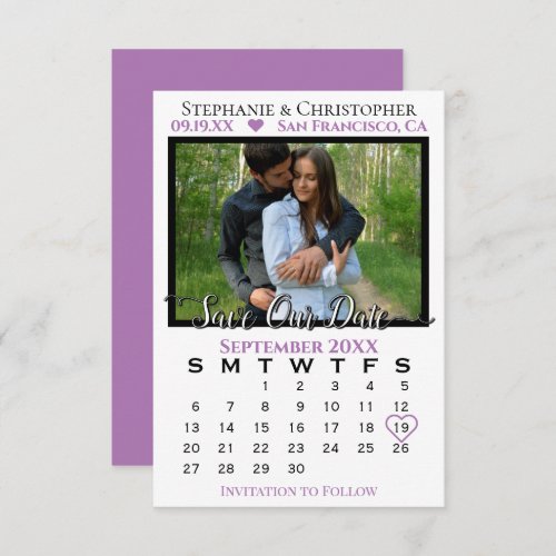Simple Photo Calendar Purple Wedding Save Our Date Card
