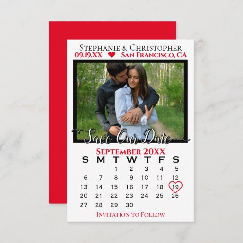 Simple Photo Calendar Red Wedding Save Our Date Card