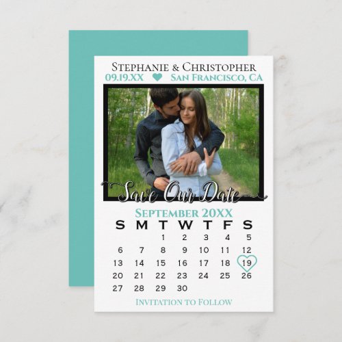 Simple Photo Calendar Teal Wedding Save Our Date Card
