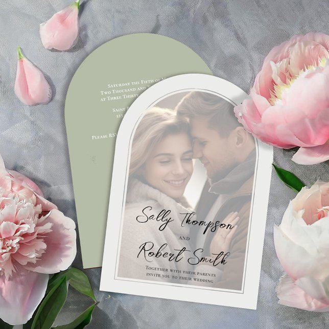 Simple Photo Calligraphy Script Wedding Invitation (Elegant sage green arch wedding photo invitation. )