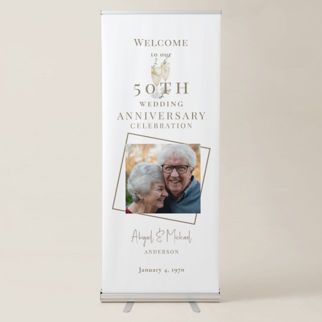 Simple Photo Champagne 50th Anniversary Party  Retractable Banner (Front)