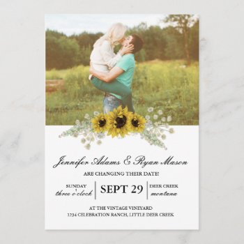 Simple Photo Change The Date Wedding Sunflowers Invitation by antiquechandelier at Zazzle