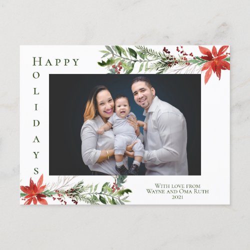 Simple Photo Christmas Floral Happy Holidays Holiday Postcard