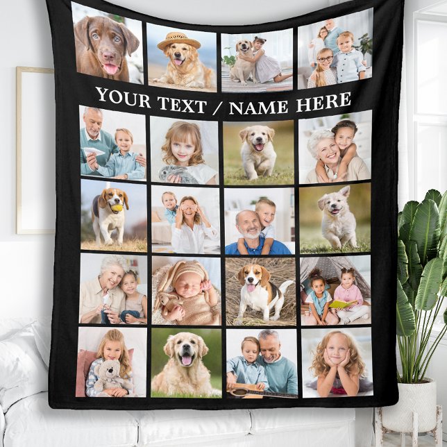 Simple Photo Collage 20 Picture Personalized Black Fleece Blanket (Creator Uploaded)