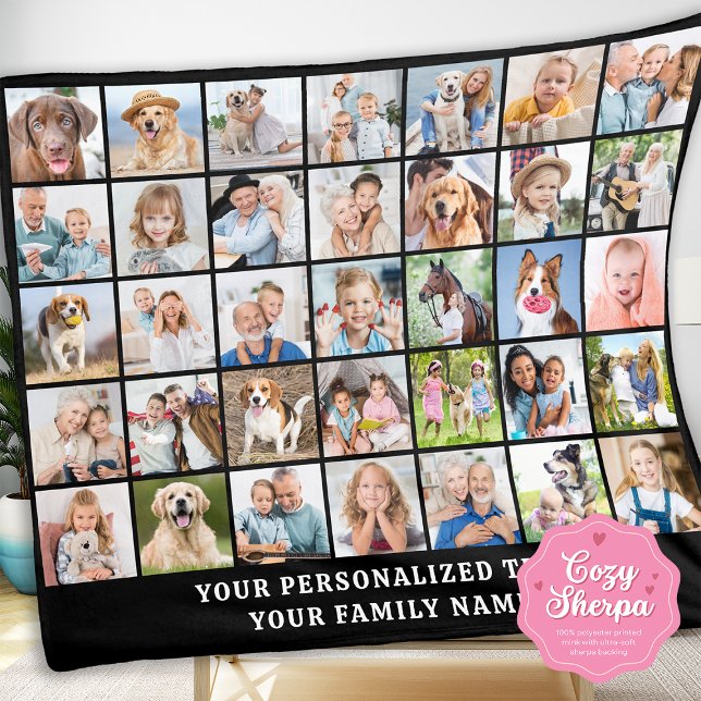 Simple Photo Collage 35 Picture Black Personalized Sherpa Blanket (Creator Uploaded)