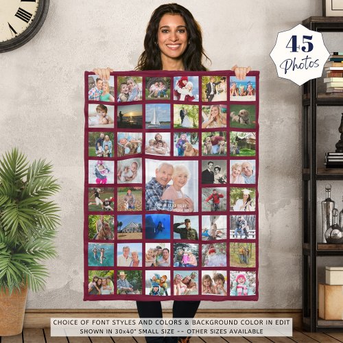 Simple Photo Collage 45 Photo Personalized Maroon Fleece Blanket