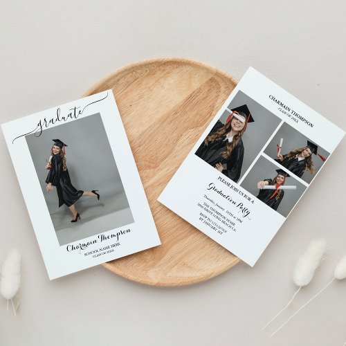 Simple Photo Collage Black and White Graduation  Invitation