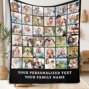 Simple Photo Collage Black Personalized 36 Picture Fleece Blanket