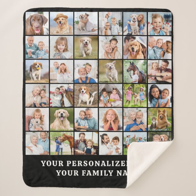 Simple Photo Collage Black Personalized 36 Picture Sherpa Blanket (Front)