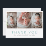 Simple Photo Collage Blue Modern Baby Shower Thank You Card<br><div class="desc">Modern Baby Shower Thank You Card featuring a simple, minimalist design with a photo collage on the front along with baby's name and "Thank You" in blue. The backside has one horizontal photo (for a total of four pictures) along with your personalized message. This elegant Thank You Card is a...</div>
