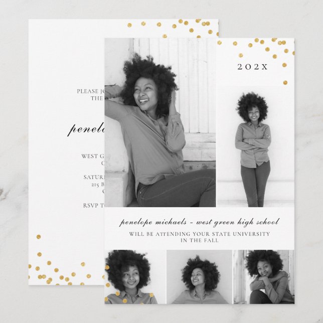 Simple Photo Collage Faux Gold Graduation Party Invitation (Front/Back)
