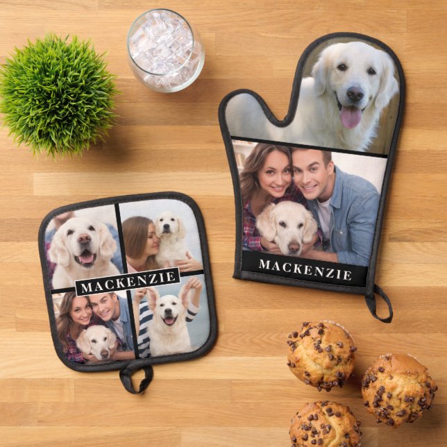 Simple Photo Collage Mitt 2 Potholder 4 Name Oven Mitt & Pot Holder Set (Top Down)
