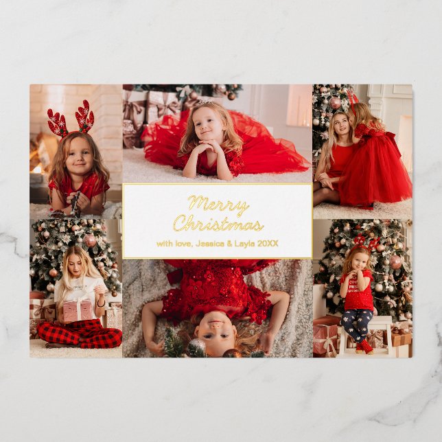 Simple Photo Collage Modern Christmas Foil Holiday Card (Front)
