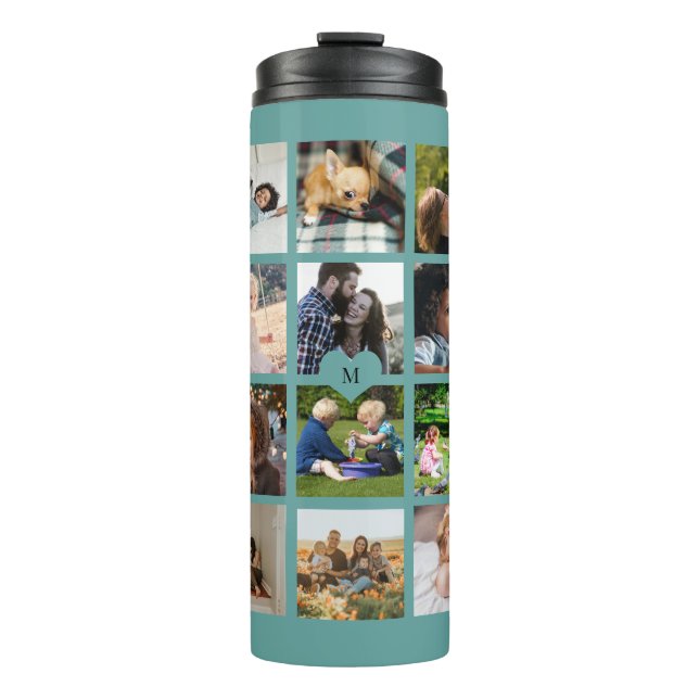 Simple photo collage monogrammed keepsake green thermal tumbler (Front)