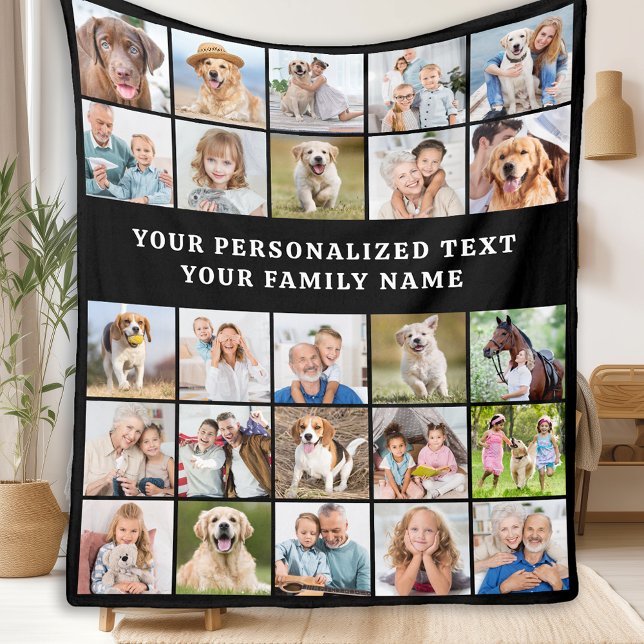 Simple Photo Collage Personalized 25 Picture Black Fleece Blanket (Creator Uploaded)