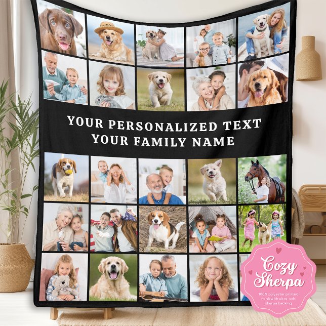 Simple Photo Collage Personalized 25 Picture Black Sherpa Blanket (Creator Uploaded)