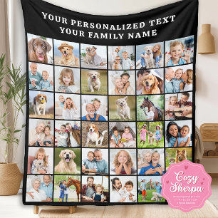 Simple Photo Collage Personalized 36 Picture Black Sherpa Blanket