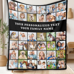 Simple Photo Collage Personalized Black 36 Picture Fleece Blanket