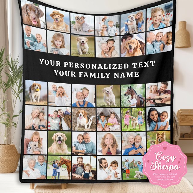 Simple Photo Collage Personalized Black 36 Picture Sherpa Blanket (Creator Uploaded)