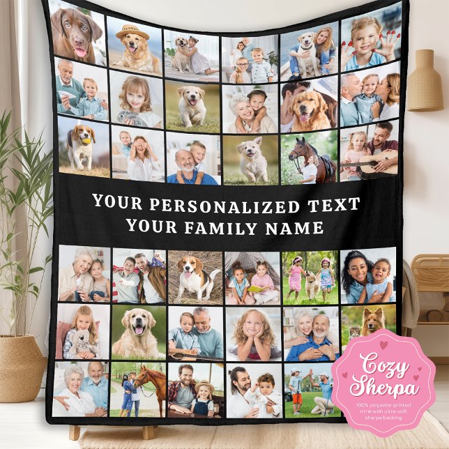 Simple Photo Collage Personalized Black 36 Picture Sherpa Blanket (Creator Uploaded)