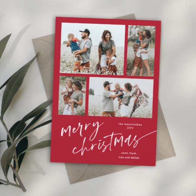 Simple Photo Collage Script Merry Christmas Magnet (Simple red and white modern merry christmas script photo holiday magnetic card.)