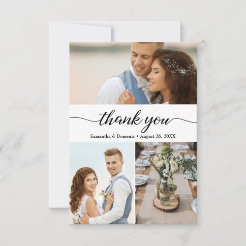 Simple Photo Collage Script Wedding Modern Thank You Card