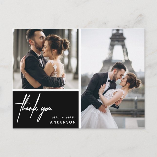 Simple Photo Collage Wedding Black Thank You Postcard (Front)