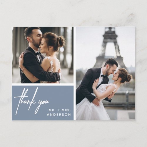 Simple Photo Collage Wedding Dusty Blue Thank You Postcard