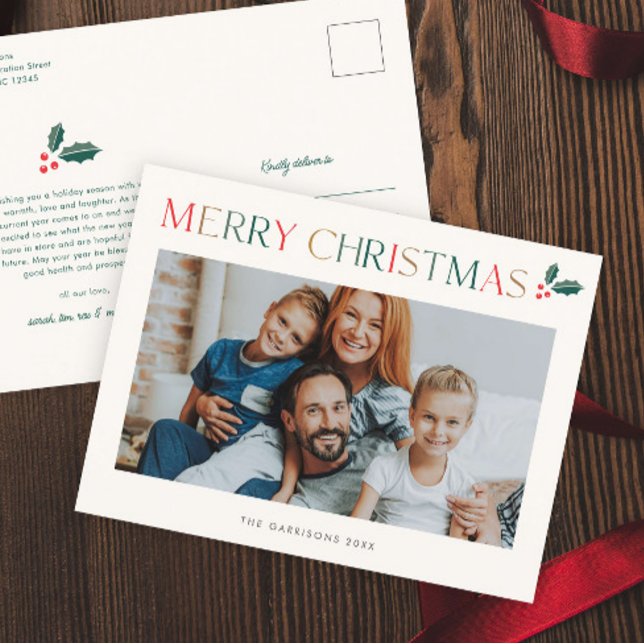 Simple Photo Colorful Merry Christmas Holiday Postcard (Modern colorful merry christmas photo holiday postcard.)