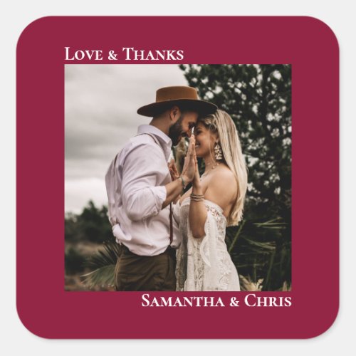 Simple Photo Cranberry Red Love  Thanks Wedding Square Sticker