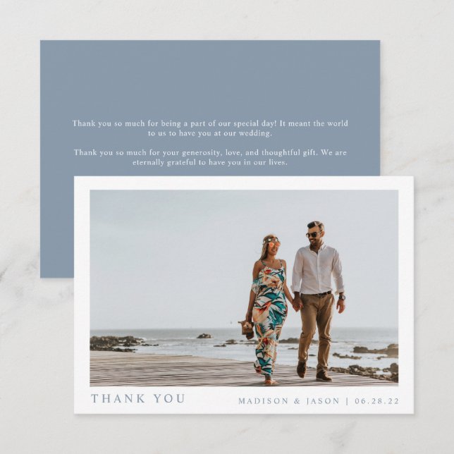 Simple Photo Dusty Blue Wedding Thank You Card (Front/Back)