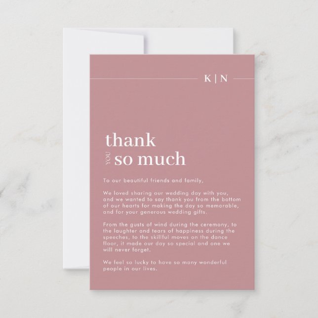 Simple Photo Dusty Pink Monogram Wedding  Thank You Card (Front)