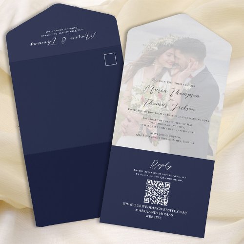 Simple Photo Elegant Overlay Navy Blue  QR Code All In One Invitation