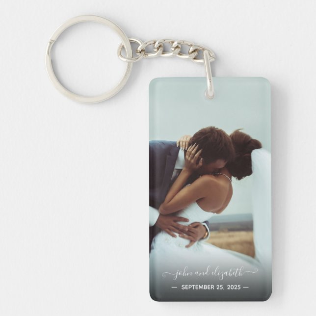 Simple Photo Elegant Script Couple Wedding Custom Keychain (Front)