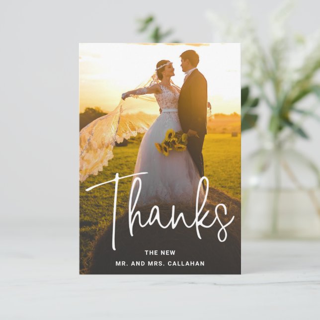 Simple Photo Elegant Typography Modern Wedding Thank You Card (Standing Front)